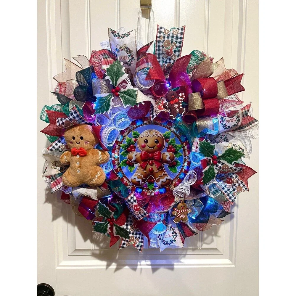 Handmade Christmas Gingerbread Holiday Ribbon Door Wreath 22 ins W78